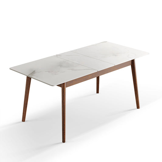 Mesa telescópica de esquina redonda con patas diagonales para 6-8 personas, ideal para el comedor.