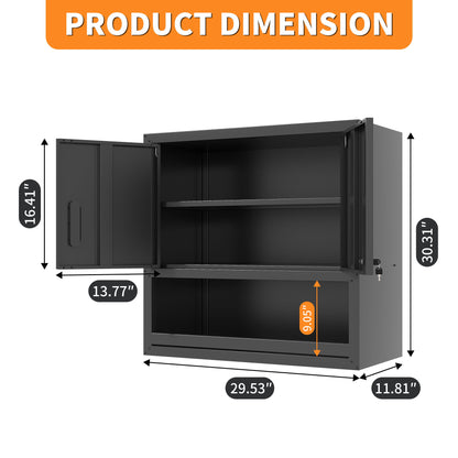 Wall-Mounted Storage Cabinet With Locking Door, 1 Shelf And Open Drawer - Black