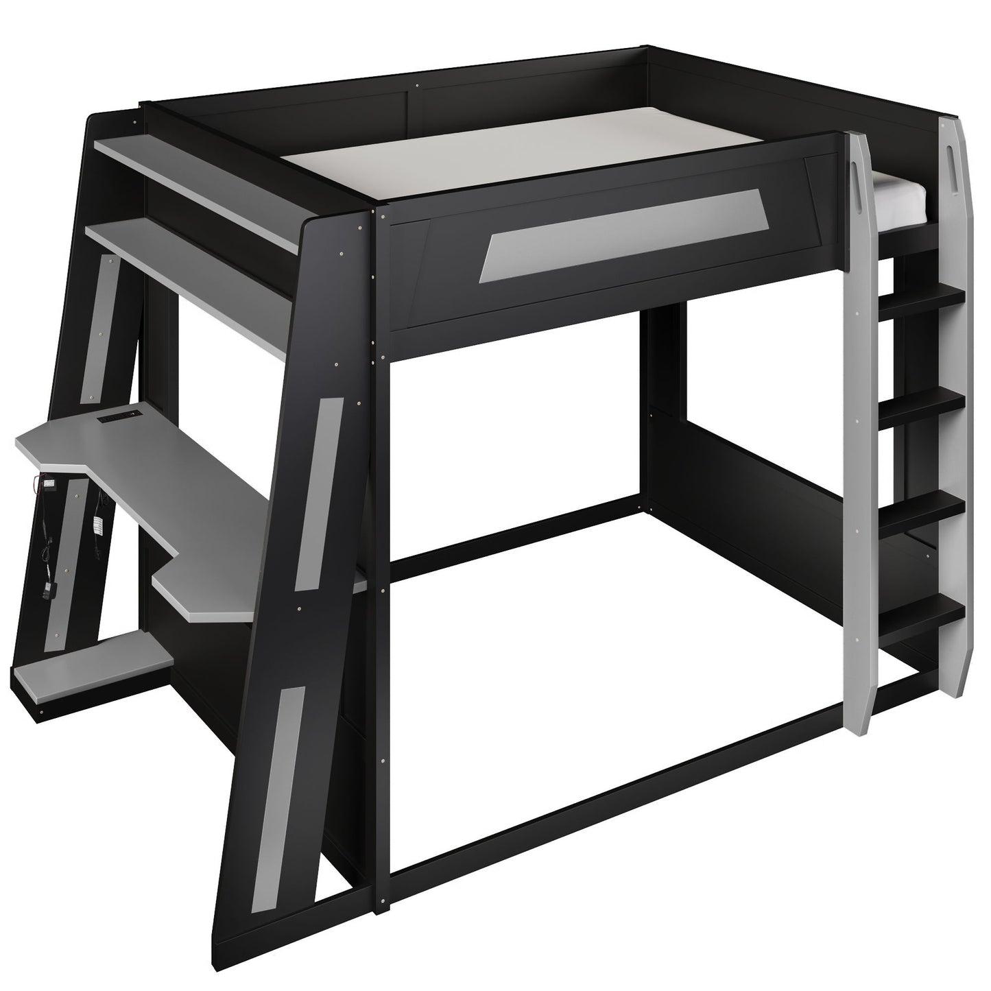 Gaming Bunk Bed With Desk, 2 Storage Shelves, USB And LED Light