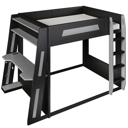 Gaming Bunk Bed With Desk, 2 Storage Shelves, USB And LED Light