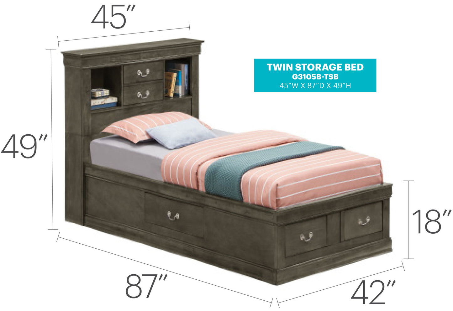 Traditional Style Bookcase Storage Bed