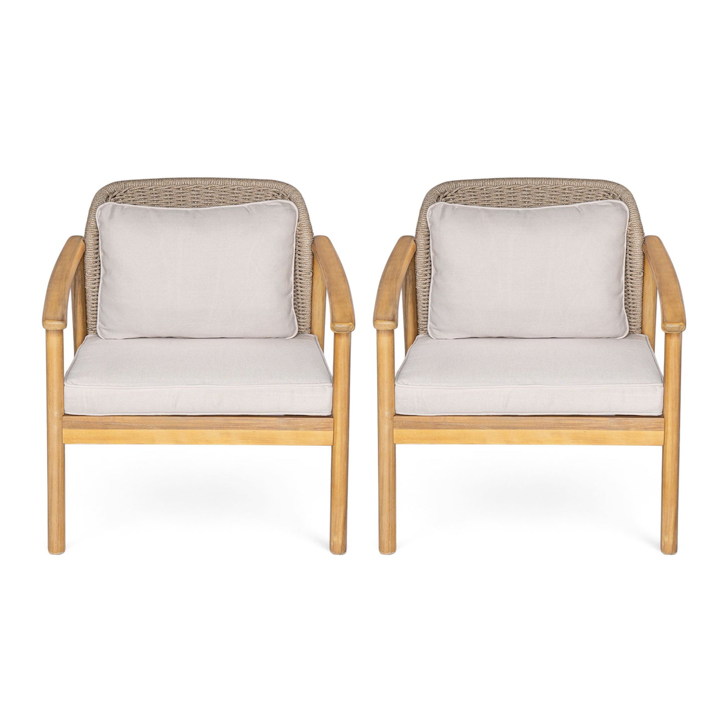 2 Piece Outdoor Acacia Wood Patio Club Chair, Patio Furniture Arm Chair With Woven Rope Backrest, Deep Seating For Porch - Light Teak / Beige
