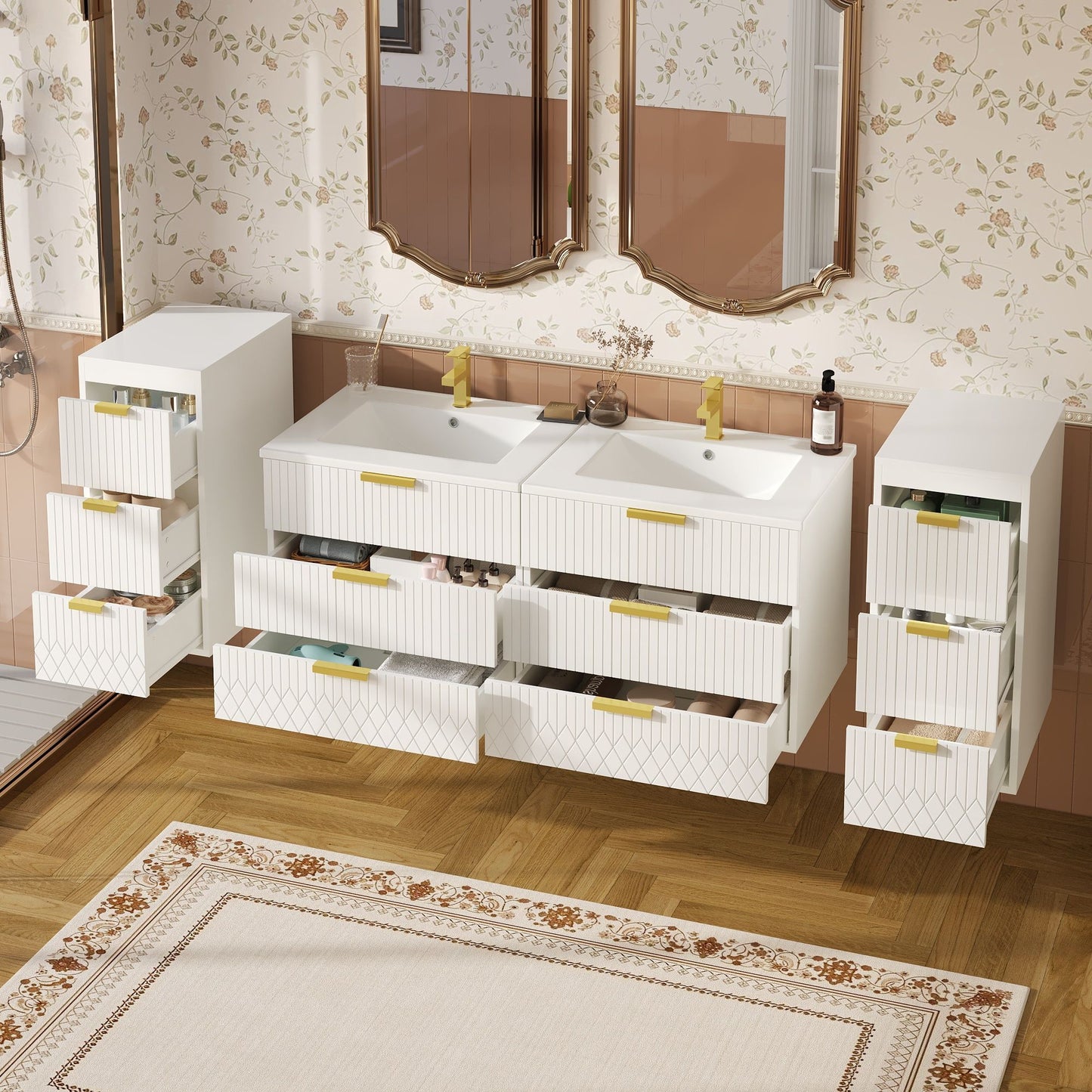 Modern Floating Bathroom Cabinet With Basin Sink And Side Storage, Rectangular Vanity