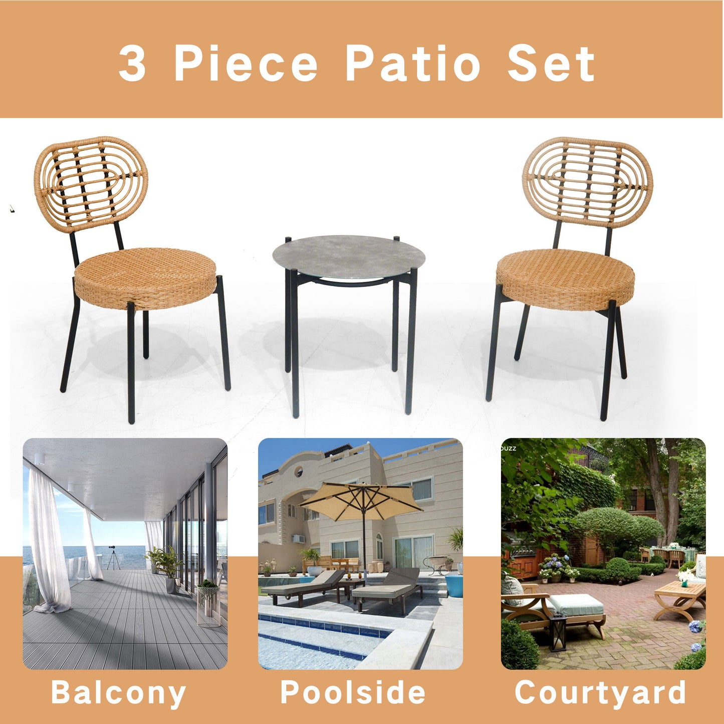 3 piezas de muebles de mimbre de lujo para exterior, estilo bistró, mesa y silla, tejido de mimbre de polietileno resistente a la intemperie, apto para jardín - Negro/Natural