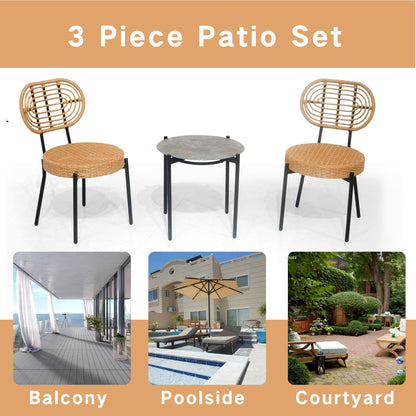 3 piezas de muebles de mimbre de lujo para exterior, estilo bistró, mesa y silla, tejido de mimbre de polietileno resistente a la intemperie, apto para jardín - Negro/Natural