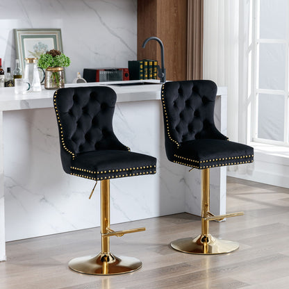 Taburetes de bar giratorios de terciopelo dorado grueso con altura de asiento ajustable de 63 a 84 cm. Taburetes de bar modernos tapizados con respaldo, cómodos y capitoné para el hogar, el pub y la isla de cocina (juego de 2).