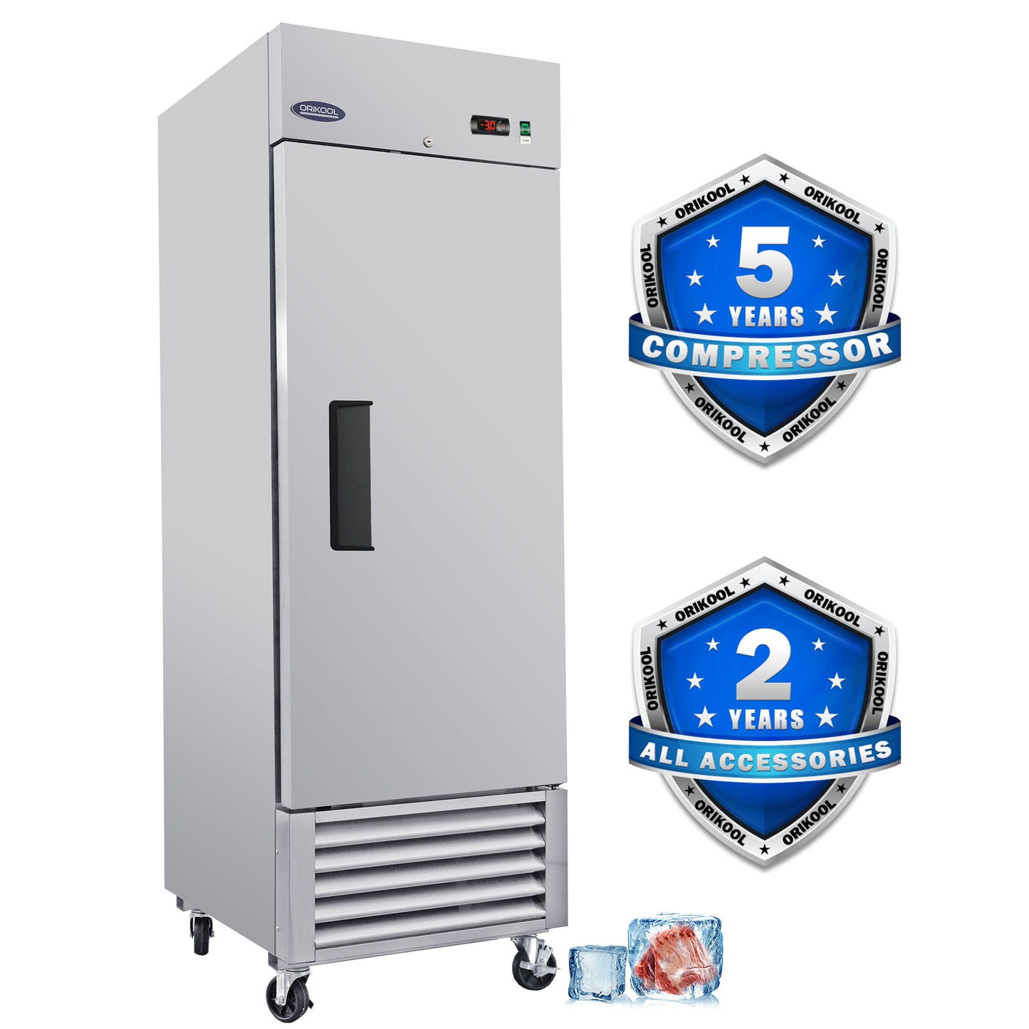 Congelador comercial de 23 pies cúbicos con una puerta sólida, de acero inoxidable, con certificación ETL, para almacenamiento vertical, plateado