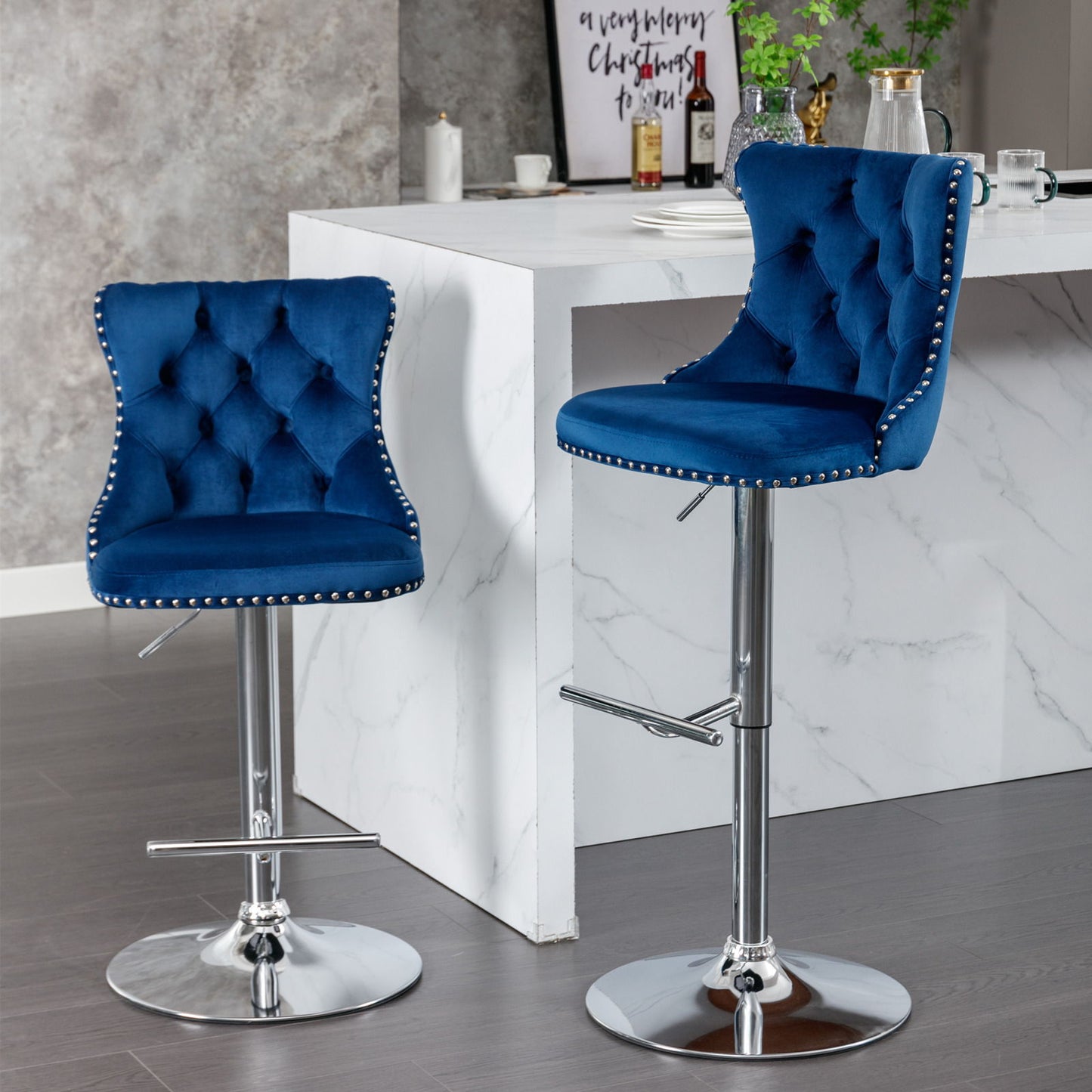 Taburetes giratorios de terciopelo con altura de asiento ajustable de 63 a 84 cm. Modernos taburetes de bar con base cromada y tapizados, cómodos y capitoné para el hogar, el pub y la isla de cocina (juego de 2).