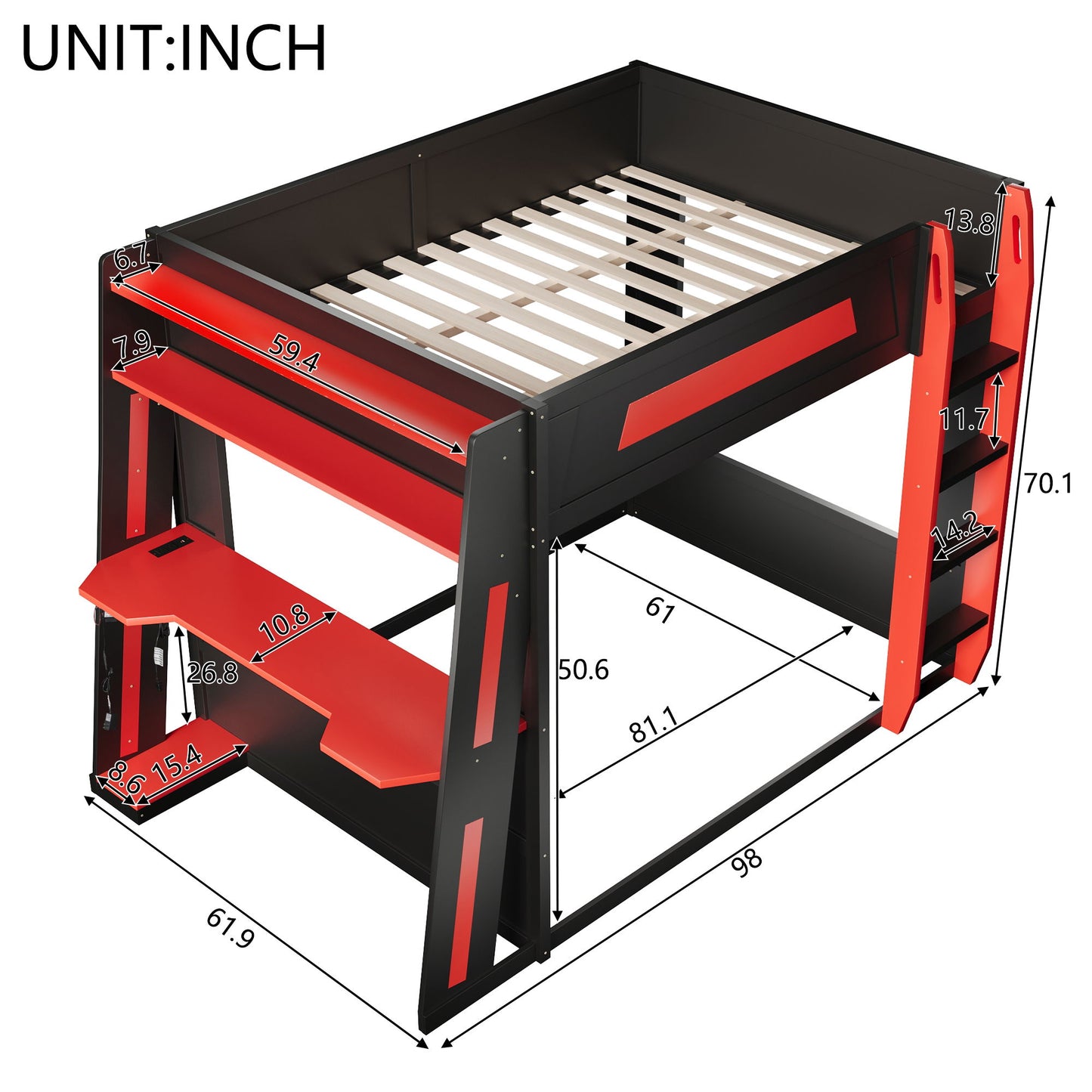 Gaming Bunk Bed With Desk, 2 Storage Shelves, USB And LED Light