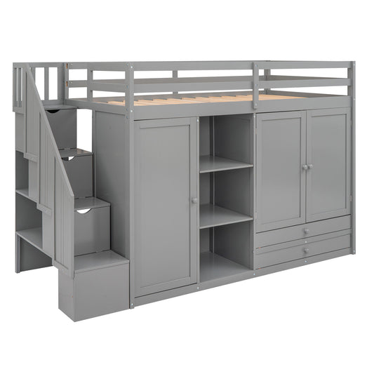 Loft Bed With 3 Shelves, 2 Wardrobes, 2 Drawers, Ladder Storage