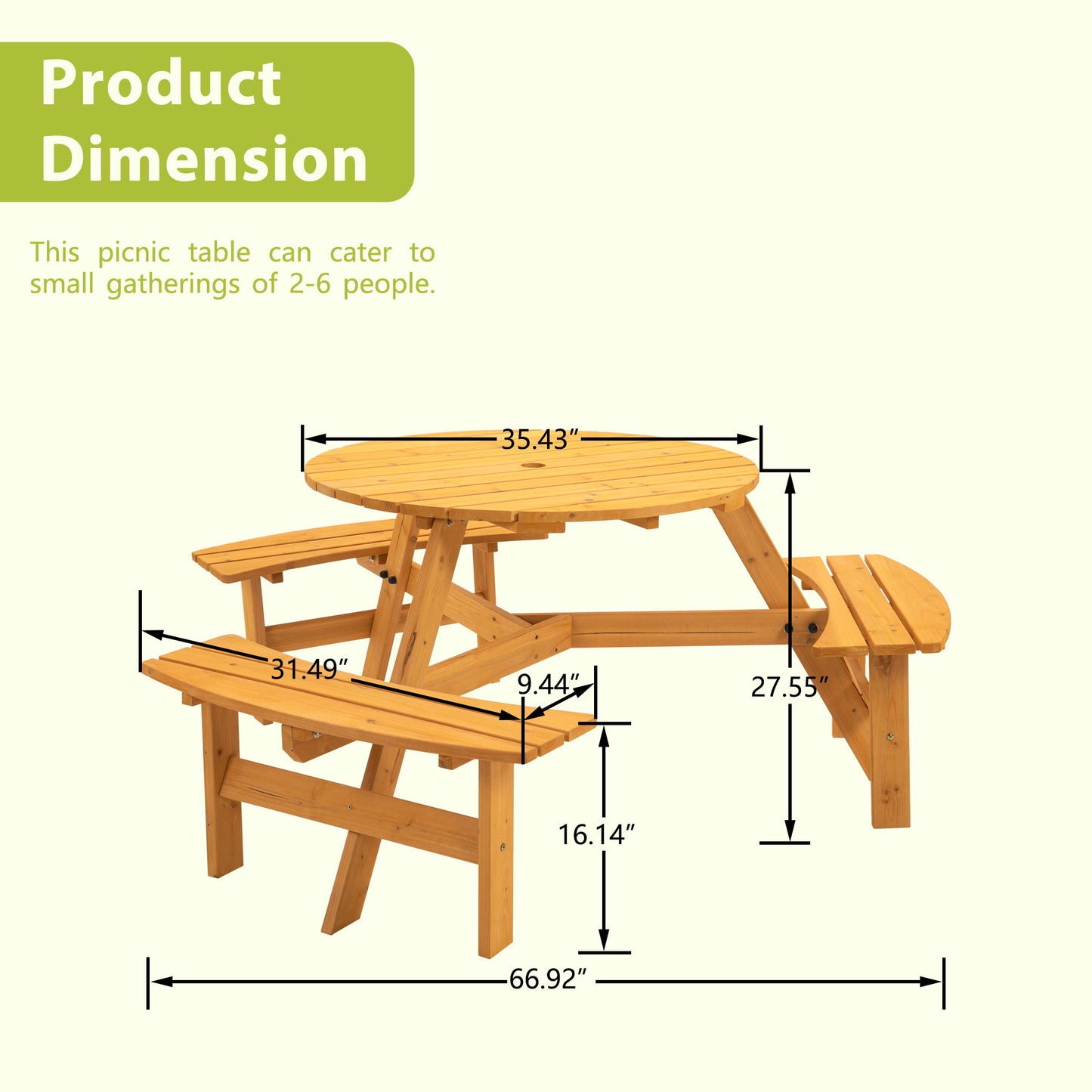 Mesa de picnic circular de madera para exteriores, para 6 personas, ideal para patio, jardín o terraza, con 3 bancos integrados, capacidad de 800 kg.