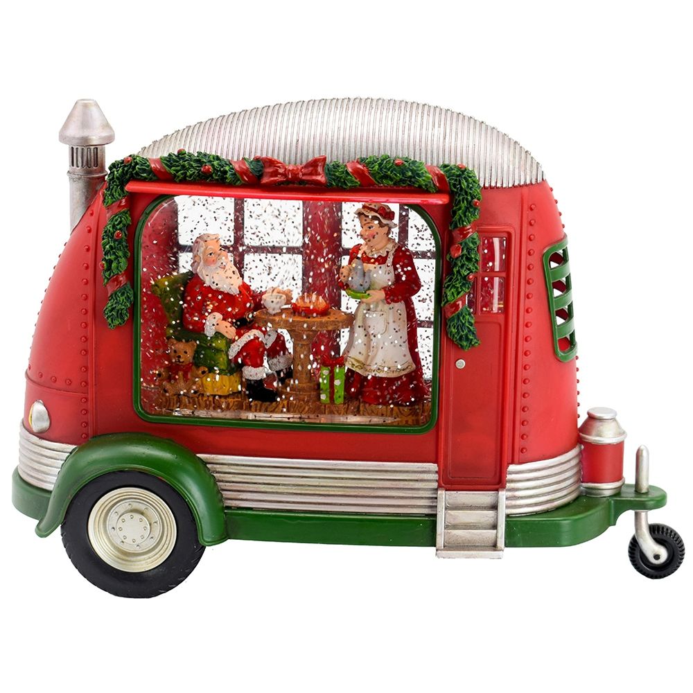 Camper navideño de plástico/resina con luces LED para la hora del té de Papá Noel, giro de agua, interruptor de 2 vías, requiere 3 pilas AA - Rojo