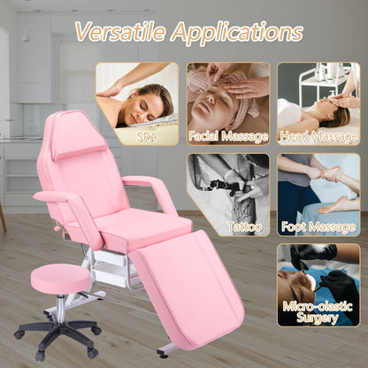 Sillón de masajes para tatuajes de 183 cm con dos bandejas, camilla de esteticista con taburete hidráulico, mesa facial multiusos de 3 secciones, equipo de belleza ajustable para barbería, spa y belleza.