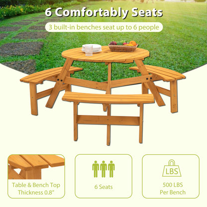 Mesa de picnic circular de madera para exteriores, para 6 personas, ideal para patio, jardín o terraza, con 3 bancos integrados, capacidad de 800 kg.