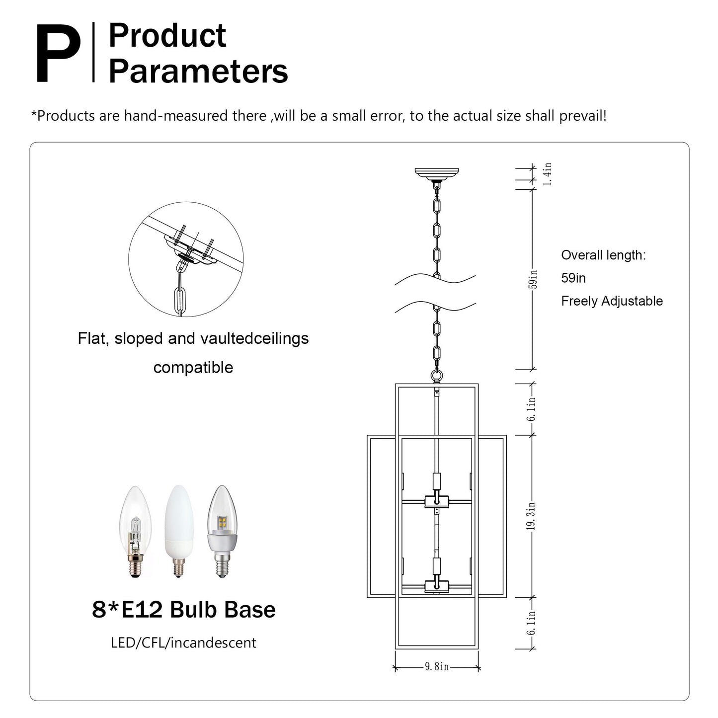Lámpara de araña de 8 luces, ideal para entrada, techos altos, comedor, recibidor, entrada, escalera y pasillo. Altura ajustable (bombillas E12 no incluidas).