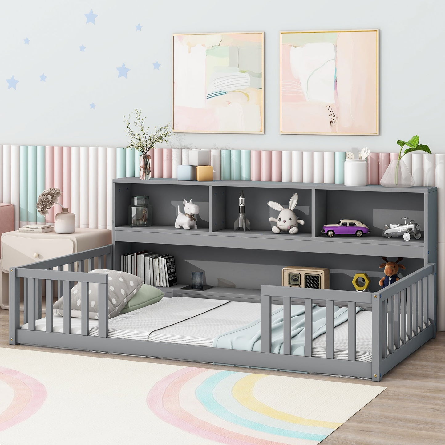 Cama de suelo con estantería, estantes y barandillas