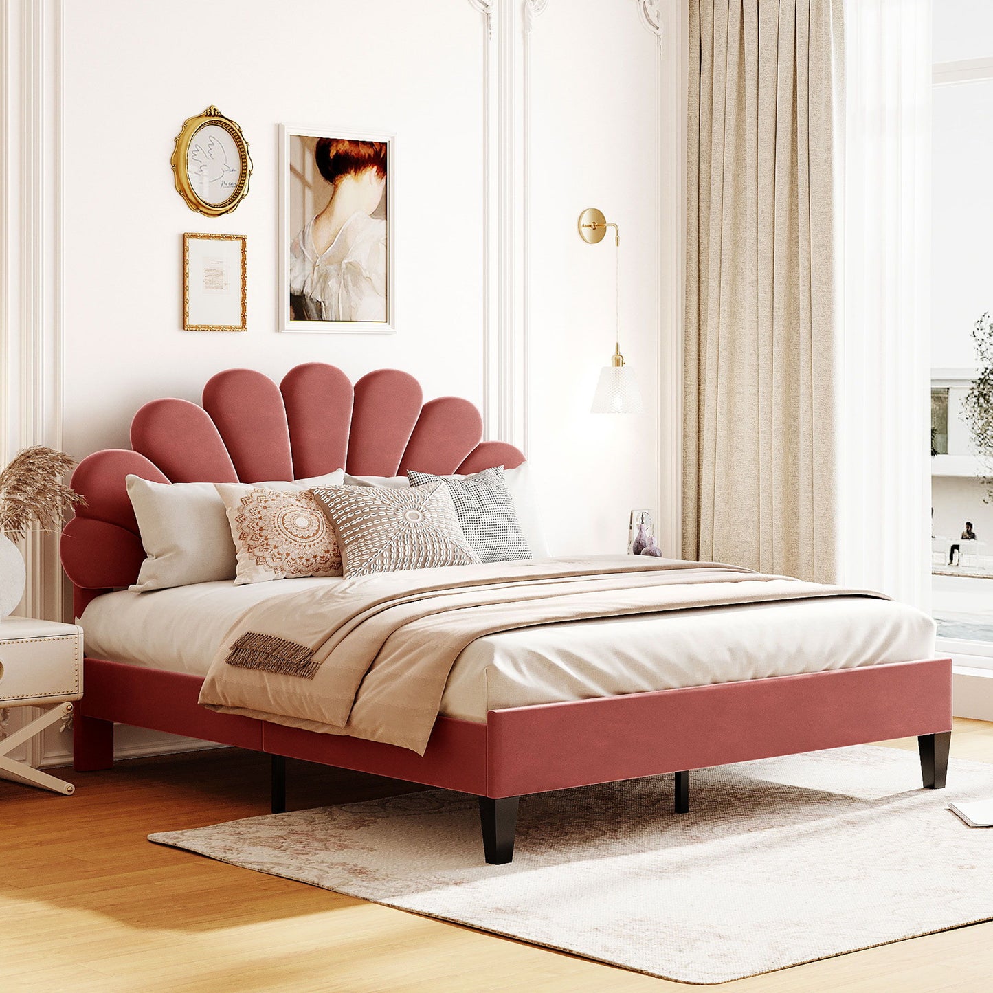 Cama de plataforma tapizada con cabecero de terciopelo con estampado floral