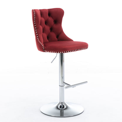 Taburetes giratorios de terciopelo con altura de asiento ajustable de 63 a 84 cm. Modernos taburetes de bar con base cromada y tapizados, cómodos y capitoné para el hogar, el pub y la isla de cocina (juego de 2).