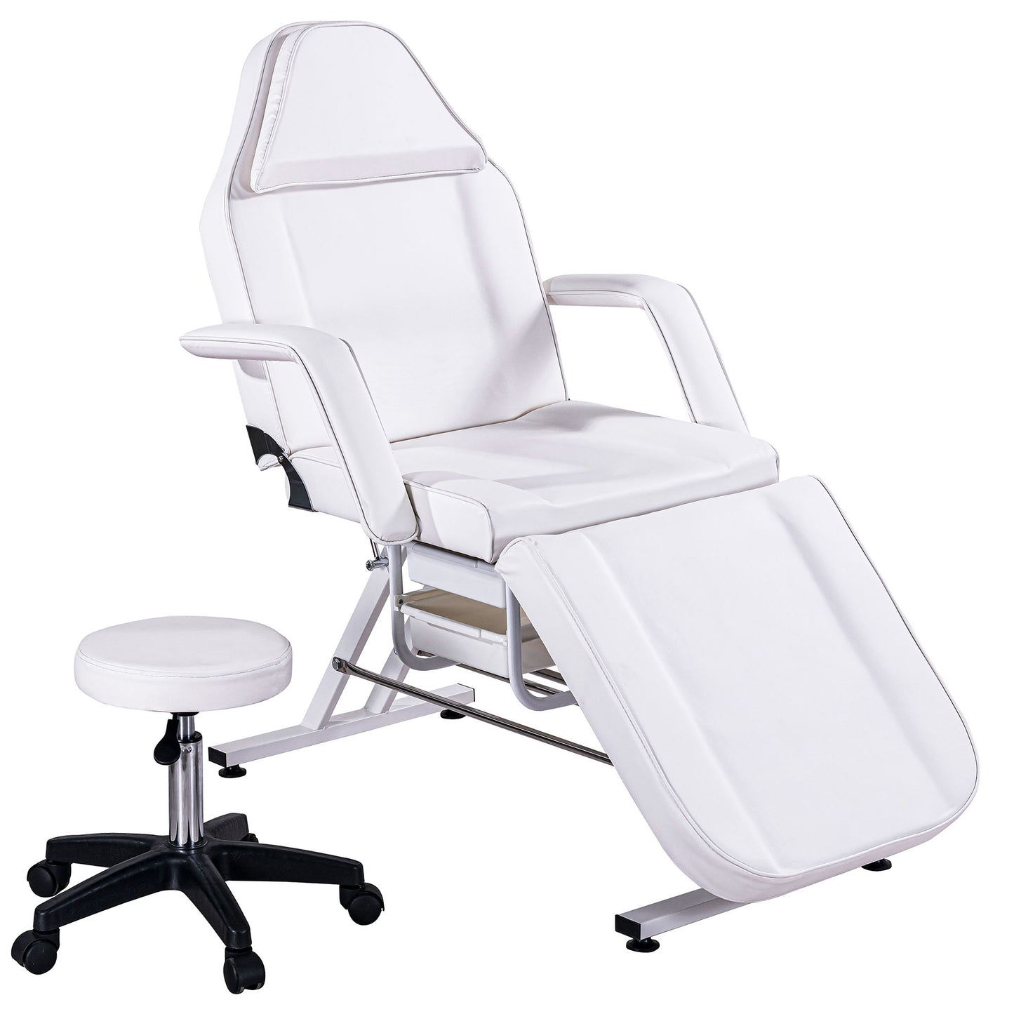 Sillón de masajes para tatuajes de 183 cm con dos bandejas, camilla de esteticista con taburete hidráulico, mesa facial multiusos de 3 secciones, equipo de belleza ajustable para barbería, spa y belleza.