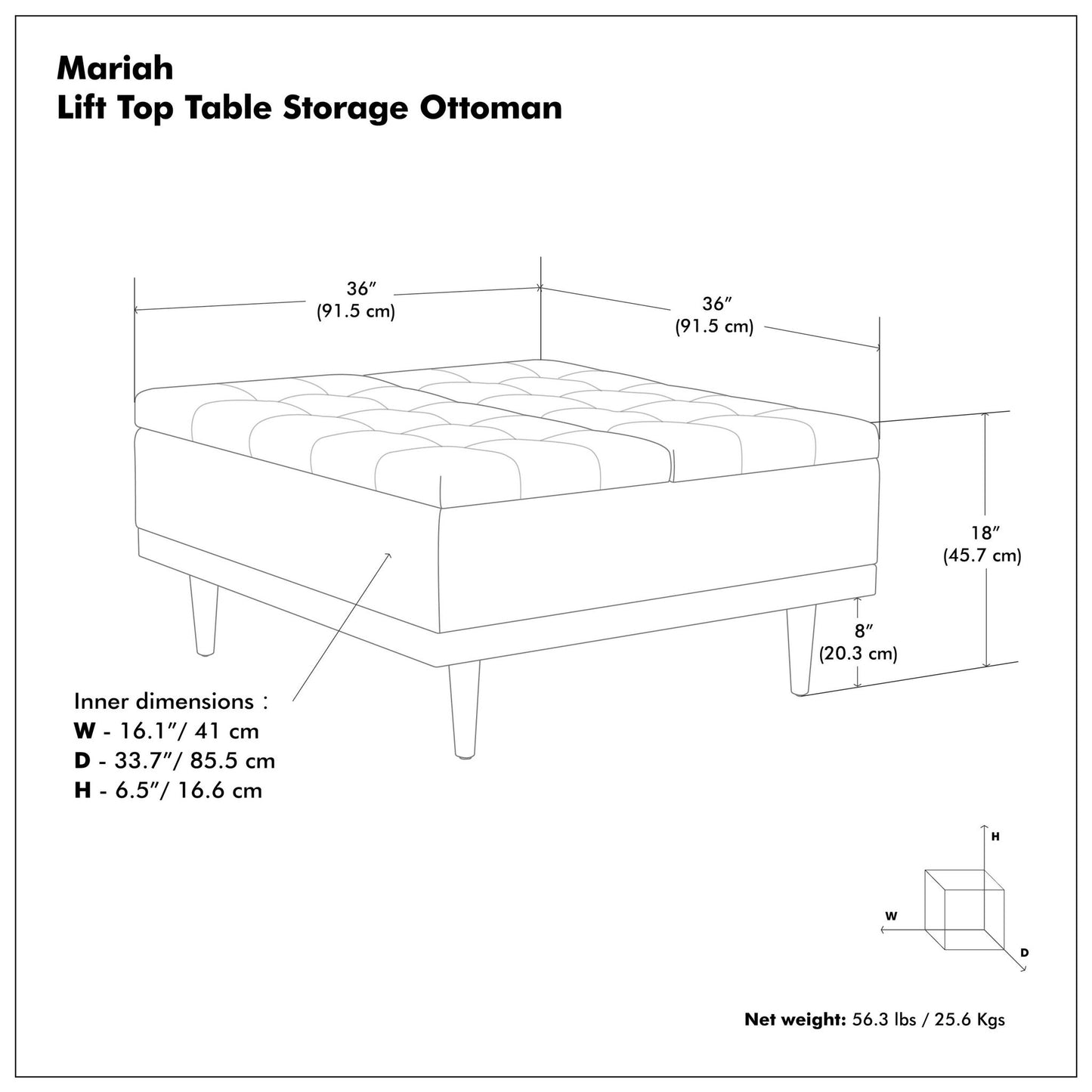Mariah - Otomana elevable tapizada con almacenamiento