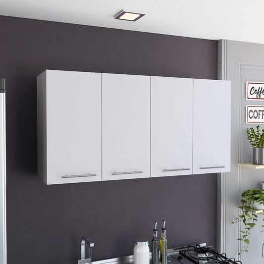 Armario de pared de cuatro puertas con dos estantes interiores y organizador para platos y vasos - Blanco