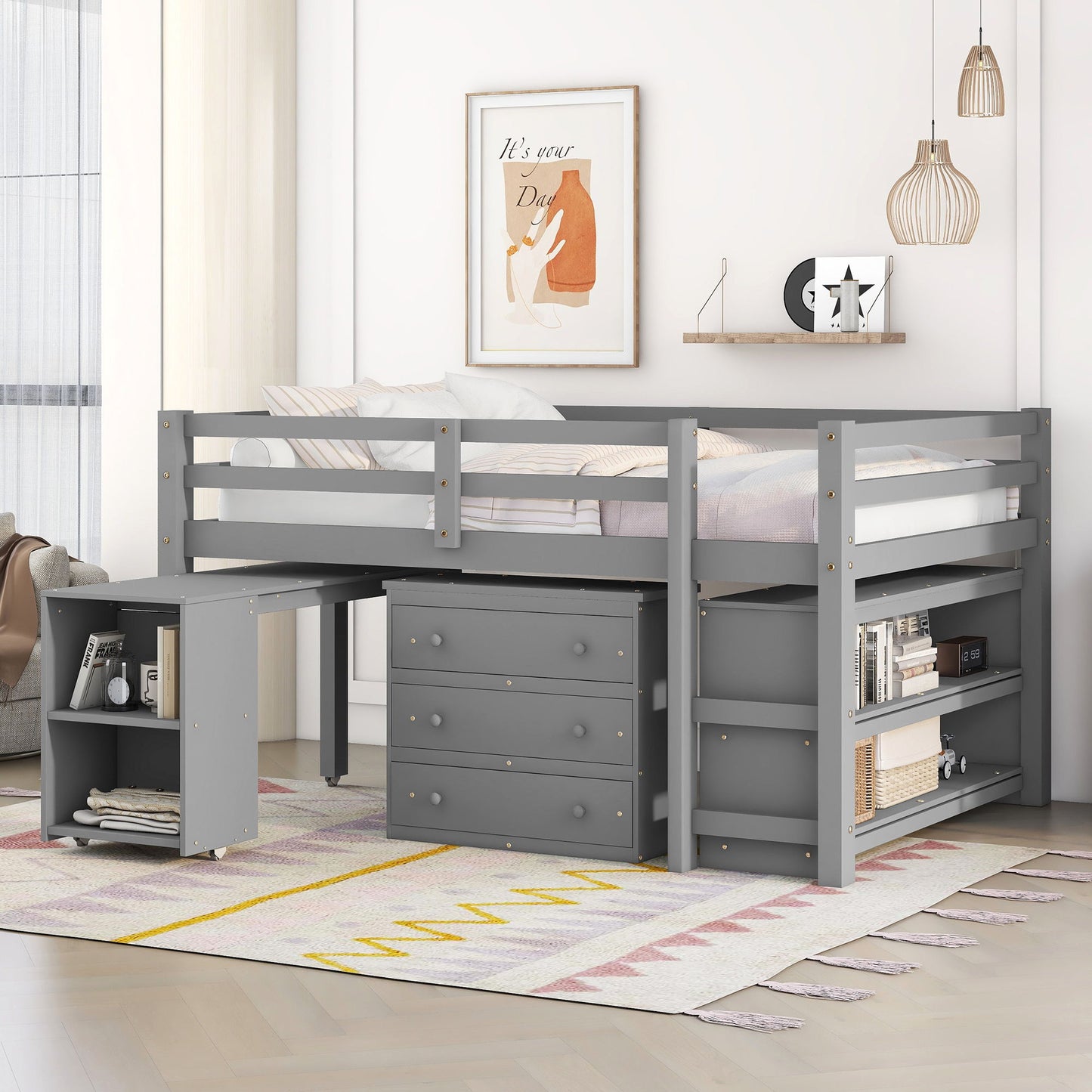 Loft Low Study Bed With Cabinet, Shelves And Rolling Portable Desk, Multiple Functions