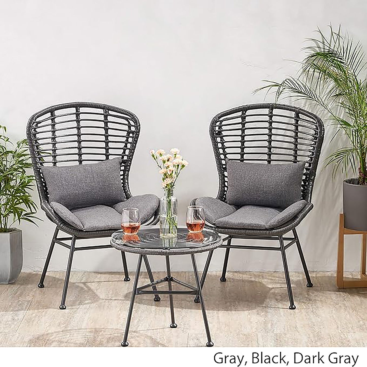 Cowan - Outdoor Wicker And Glass 3 Piece Chat Set With Cushions - Gray