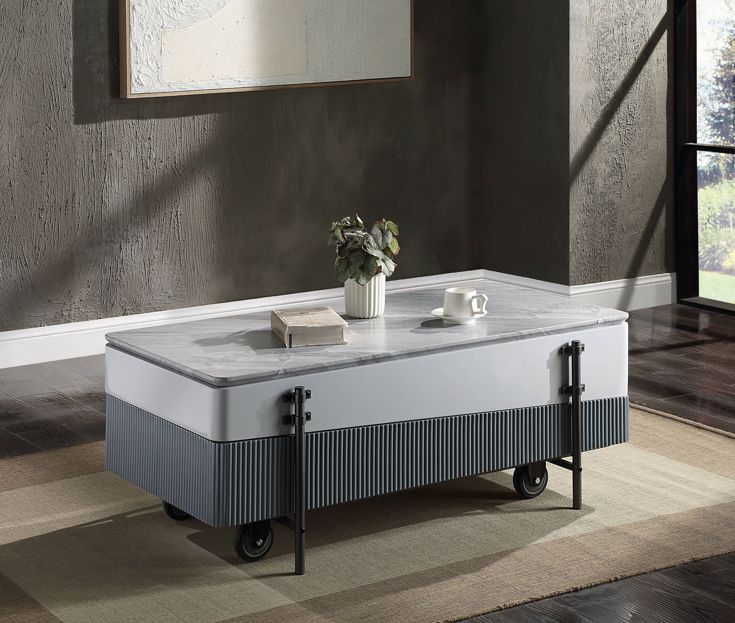 Wilkins - Mesa de centro de alto brillo con tapa elevable - Gris/Blanco