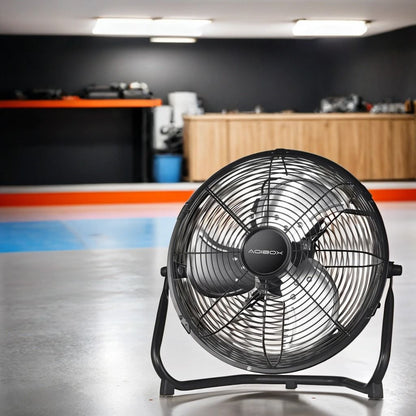 Ventilador de piso industrial de metal resistente de 3 velocidades y alta velocidad con cabezal inclinable para uso en exteriores e interiores.