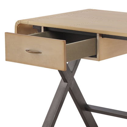 Danton - Escritorio rectangular de aluminio y cuero flor de primera calidad - Dorado