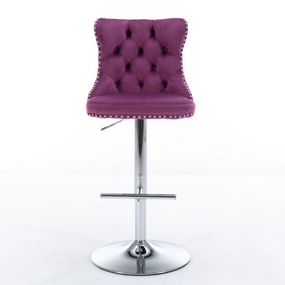 Taburetes giratorios de terciopelo con altura de asiento ajustable de 63 a 84 cm. Modernos taburetes de bar con base cromada y tapizados, cómodos y capitoné para el hogar, el pub y la isla de cocina (juego de 2).