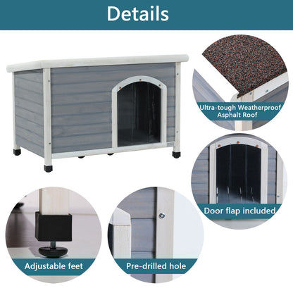 Caseta para perro de madera mediana para exterior, techo impermeable, suelo elevado y patas de plástico ajustables.