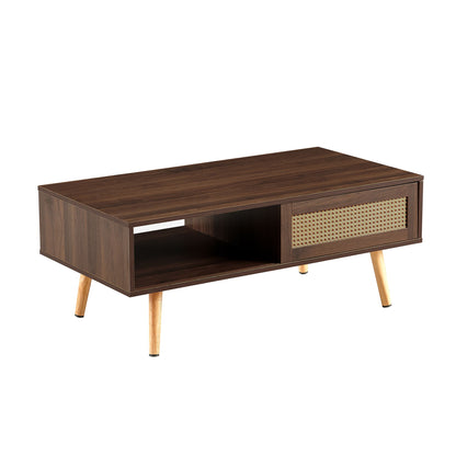 Mesa de centro de ratán de 105 cm, puerta corrediza para almacenaje, patas de madera maciza, mesa moderna para sala de estar.