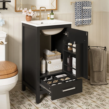 Bathroom Vanity With Ceramic Sink, Soft Close Drawers, Door Organizer, Divider Drawer, Adjustable Foot Pads