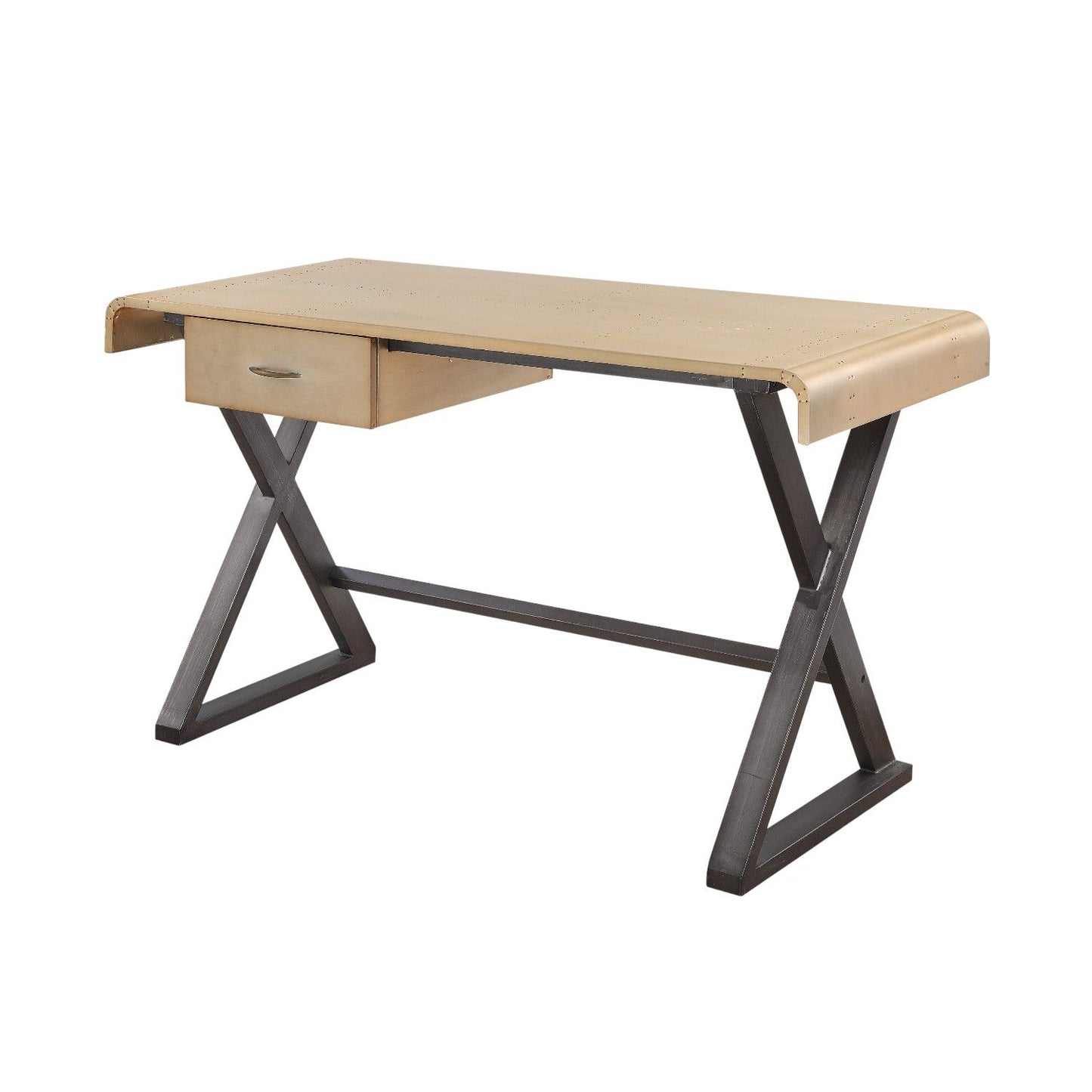 Danton - Escritorio rectangular de aluminio y cuero flor de primera calidad - Dorado