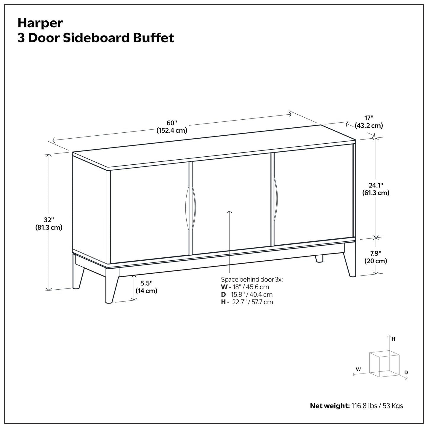 Harper - Aparador de 3 puertas tipo buffet/armario de almacenamiento - Marrón nogal