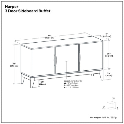 Harper - Aparador de 3 puertas tipo buffet/armario de almacenamiento - Marrón nogal