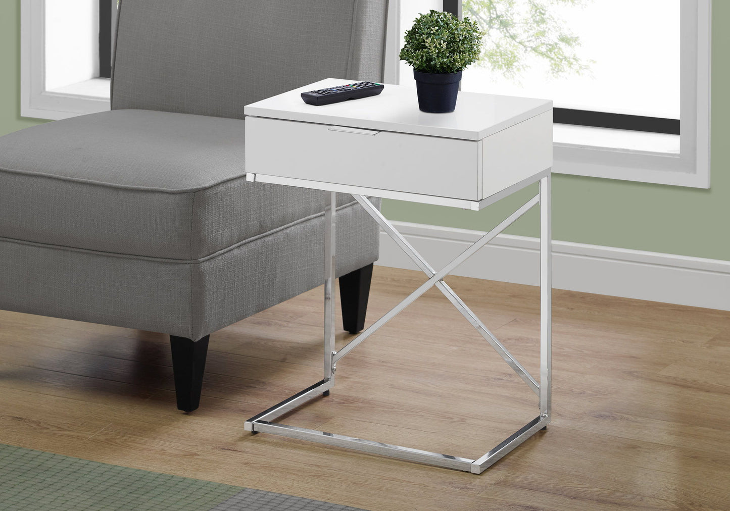 Mesa auxiliar con cajón, amplia superficie, contemporánea y moderna.