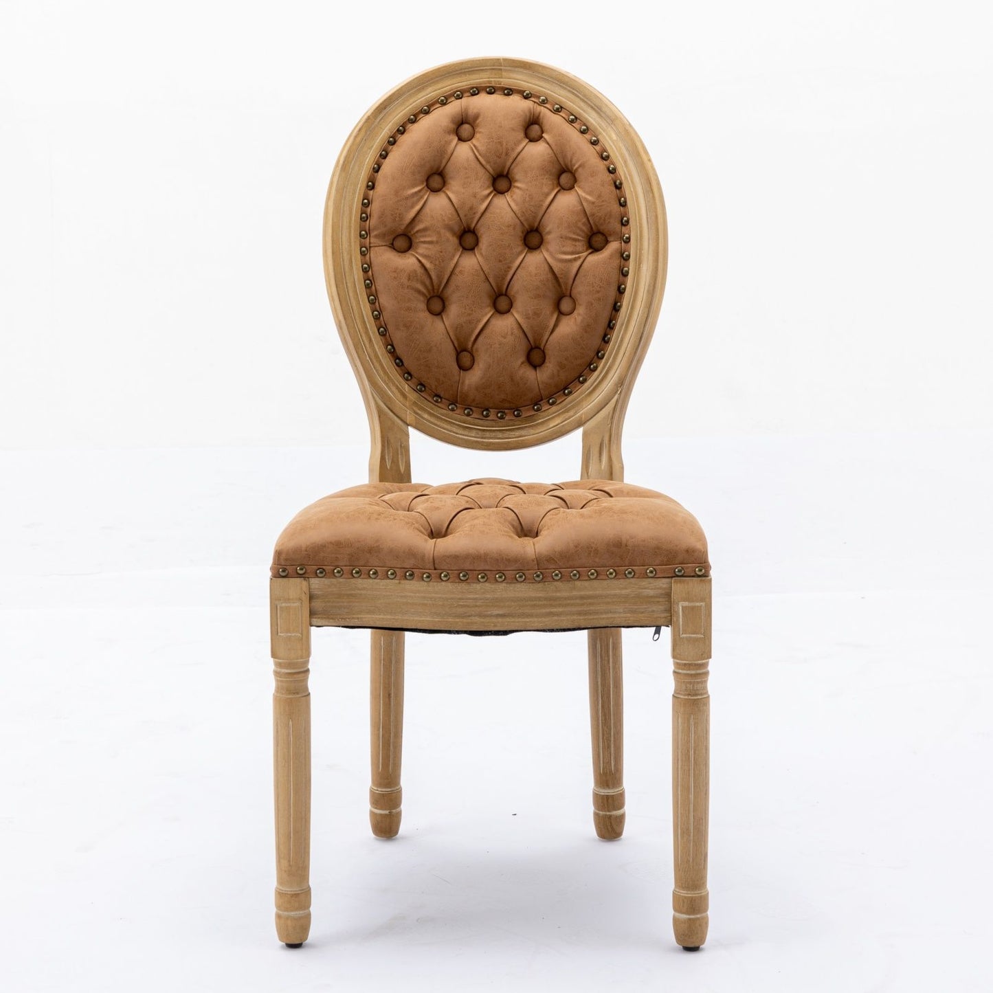 Silla de comedor de estilo francés con marco de madera maciza, pintura antigua, hebillas hechas a mano, cuero sintético de PU, ribete de tachuelas y patas de madera.