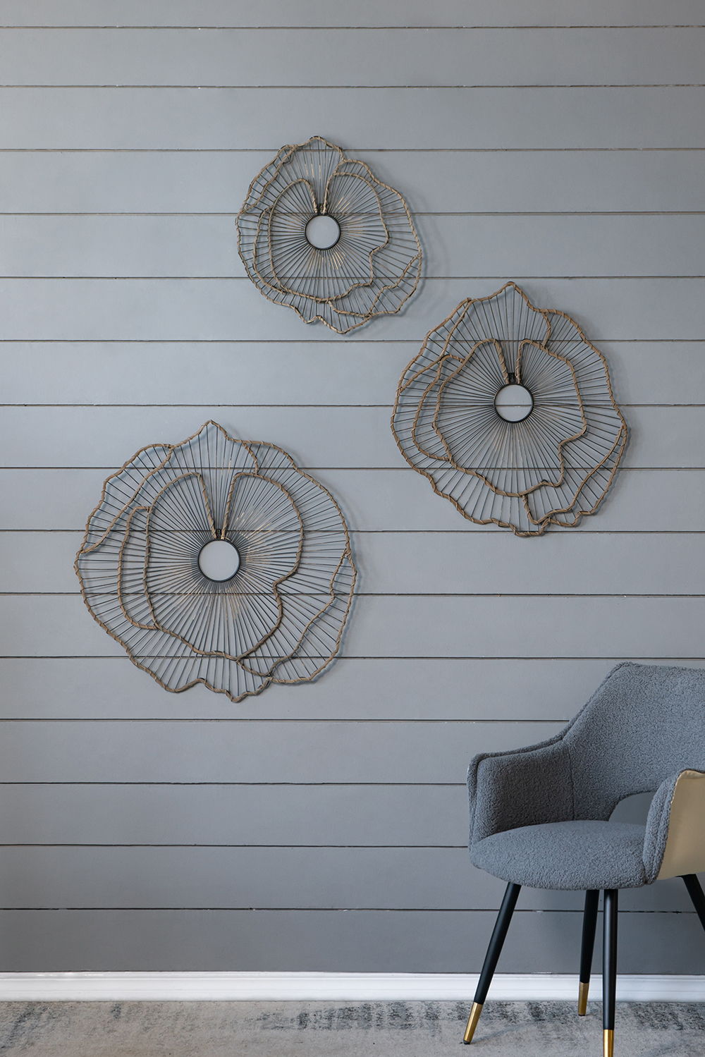 Decoración de pared con flores de metal, escultura floral de transición para vestíbulo, porche, pasillo y entrada (juego de 3) - Dorado