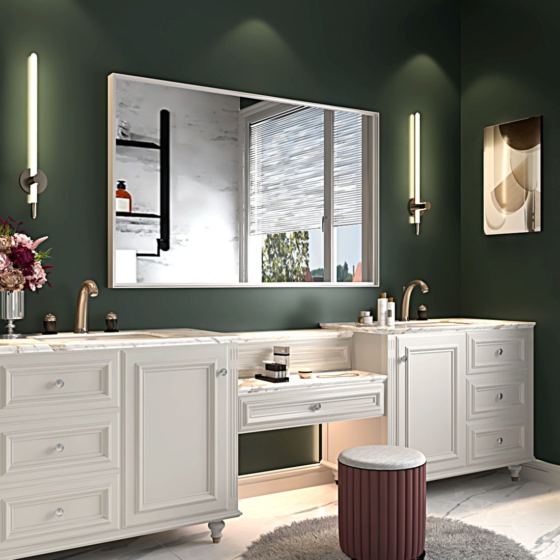 Espejo de baño rectangular biselado de pared, con marco de metal cuadrado y ángulo recto (horizontal y vertical), blanco brillante.