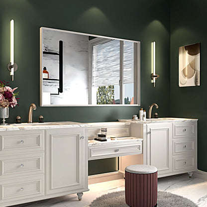Espejo de baño rectangular biselado de pared, con marco de metal cuadrado y ángulo recto (horizontal y vertical), blanco brillante.