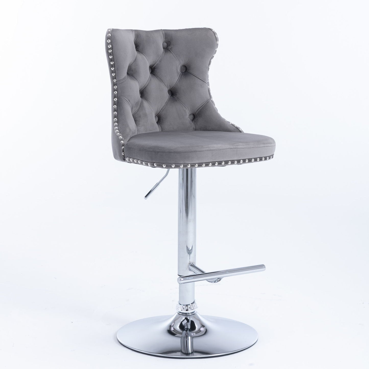 Taburetes giratorios de terciopelo con altura de asiento ajustable de 63 a 84 cm. Modernos taburetes de bar con base cromada y tapizados, cómodos y capitoné para el hogar, el pub y la isla de cocina (juego de 2).