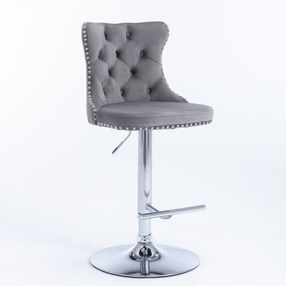Taburetes giratorios de terciopelo con altura de asiento ajustable de 63 a 84 cm. Modernos taburetes de bar con base cromada y tapizados, cómodos y capitoné para el hogar, el pub y la isla de cocina (juego de 2).