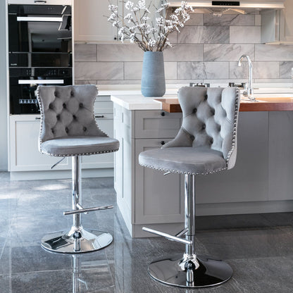 Taburetes giratorios de terciopelo con altura de asiento ajustable de 63 a 84 cm. Modernos taburetes de bar con base cromada y tapizados, cómodos y capitoné para el hogar, el pub y la isla de cocina (juego de 2).