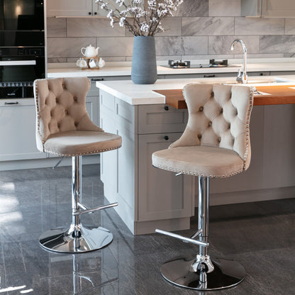Taburetes giratorios de terciopelo con altura de asiento ajustable de 63 a 84 cm. Modernos taburetes de bar con base cromada y tapizados, cómodos y capitoné para el hogar, el pub y la isla de cocina (juego de 2).