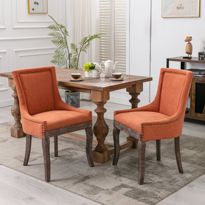Silla de comedor Ultra Side, de tela gruesa, con patas de madera maciza en tonos neutros y tachuelas de bronce (juego de 2)