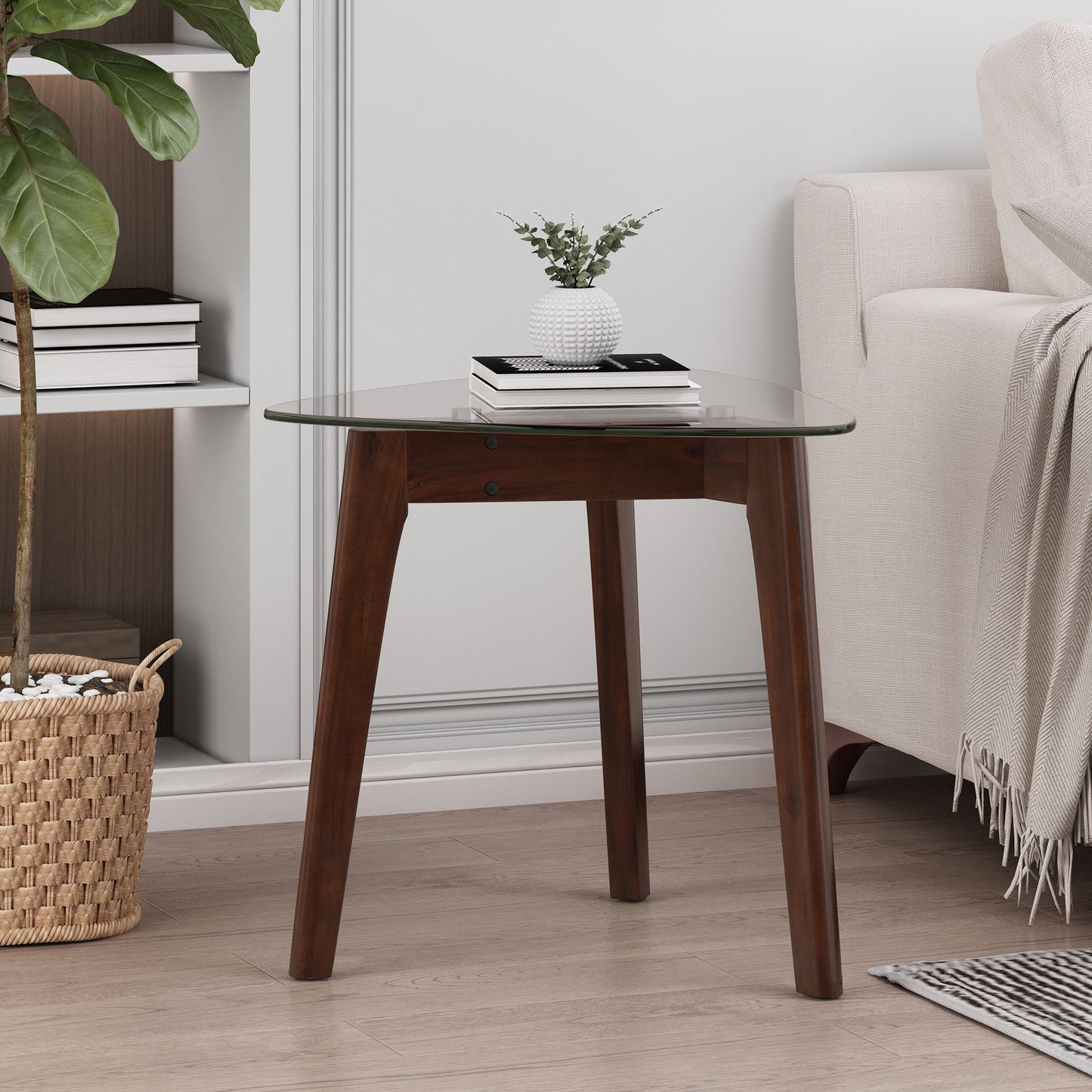 Mid Century Modern End Table With Glass Top And Solid Wood - Walnut