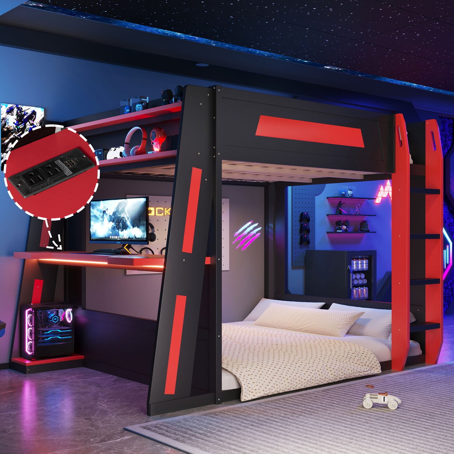 Gaming Bunk Bed With Desk, 2 Storage Shelves, USB And LED Light