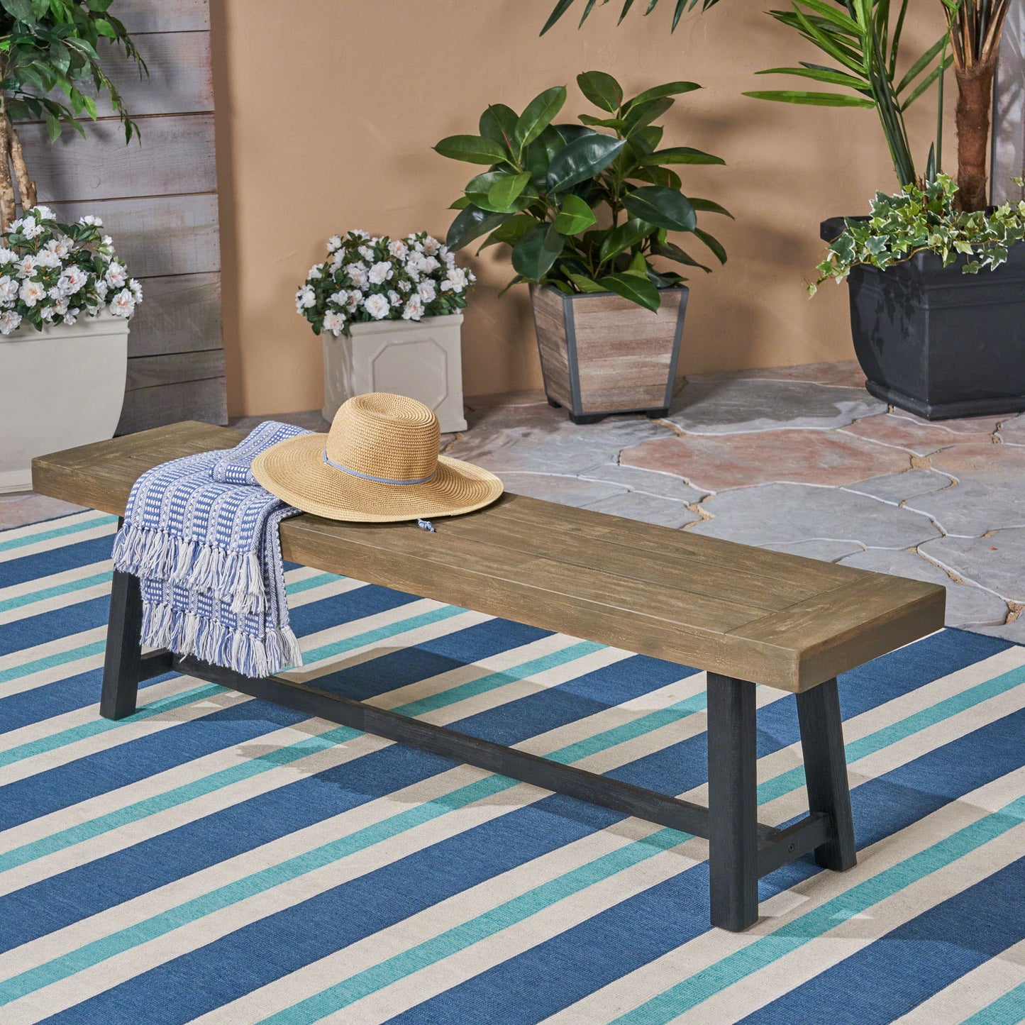 Cloud - Outdoor Bench With Acacia Wood Frame And Slat Panel Design